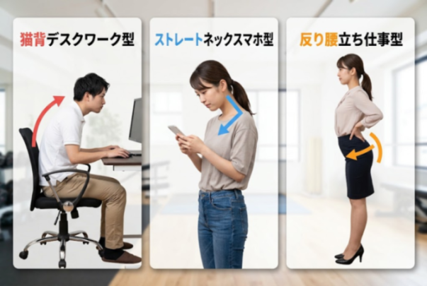 姿勢の崩れ3タイプ（猫背デスクワーク型・ストレートネックスマホ型・反り腰立ち仕事型）の比較図