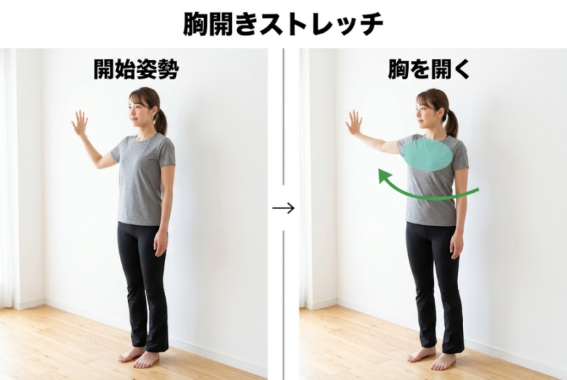 壁に手をついて胸を開くストレッチの図解