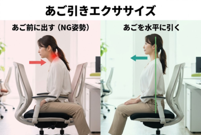 座って行うあご引きエクササイズの図解