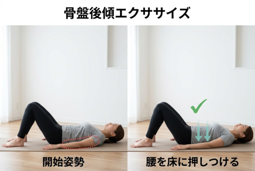 仰向けで行う骨盤後傾エクササイズの図解