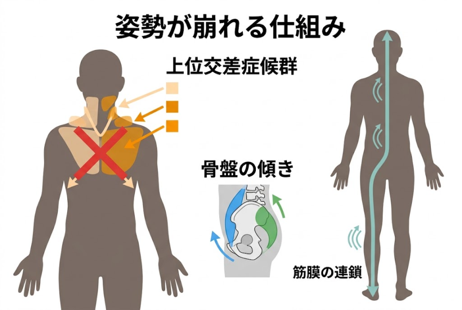 姿勢が崩れる仕組み（上位交差・骨盤の傾き・筋膜の連鎖）の図解