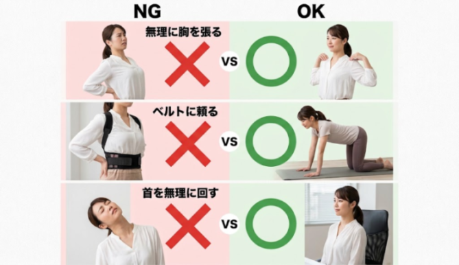 姿勢改善で避けたい行動とおすすめの対処の比較図