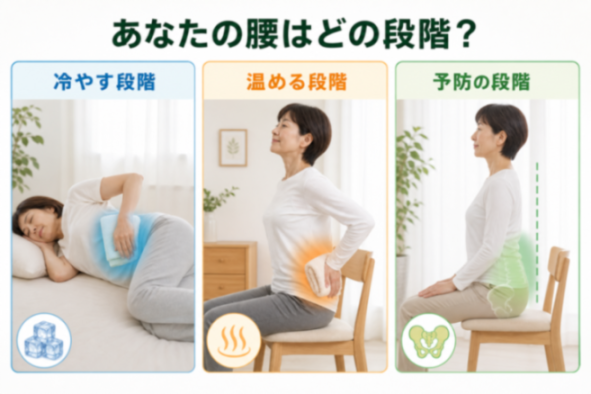 ぎっくり腰の冷やす・温める・再発予防の3段階比較