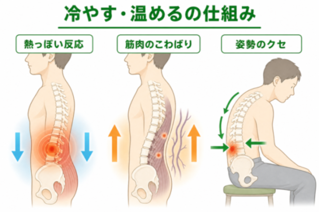 冷やす時期と温める時期の腰の状態の違いの図解