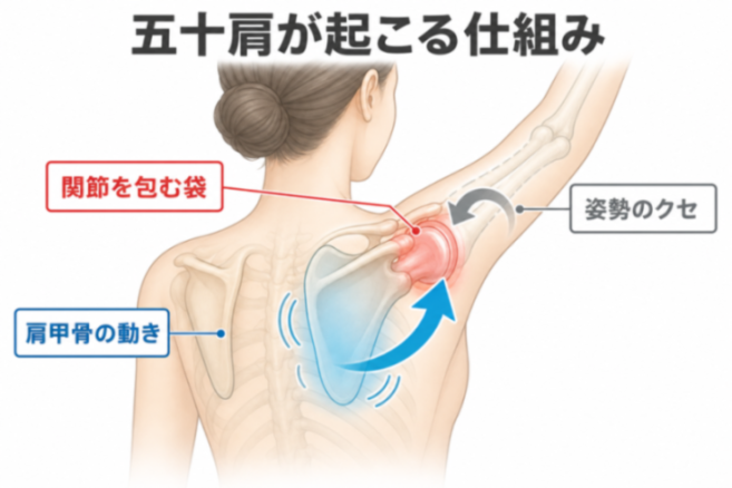 五十肩で肩が動かしにくくなる仕組みの図解