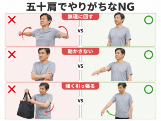 五十肩で避けたい行動とよい対処の比較