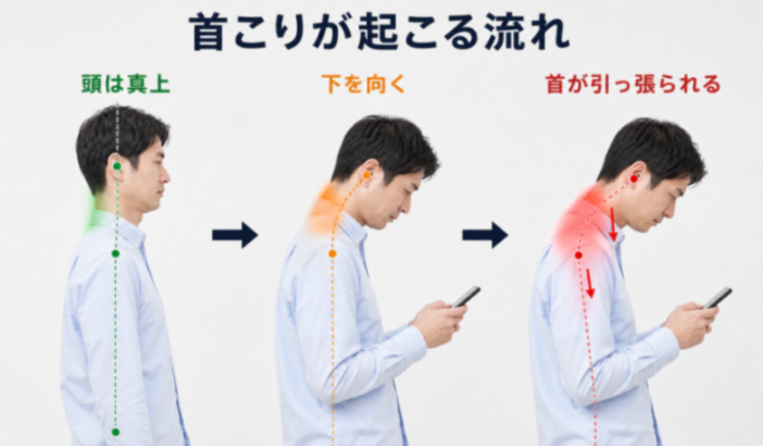 首こりが起こる流れの解説図