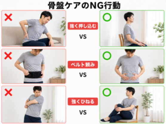 骨盤ケアで避けたい行動とよい対処の比較