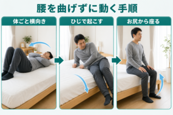 ぎっくり腰で動けないときの起き上がり・トイレ動作のコツ3コマ図解