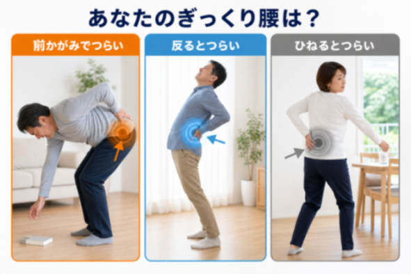 ぎっくり腰のタイプ別比較図（前かがみ・反り・ひねり）