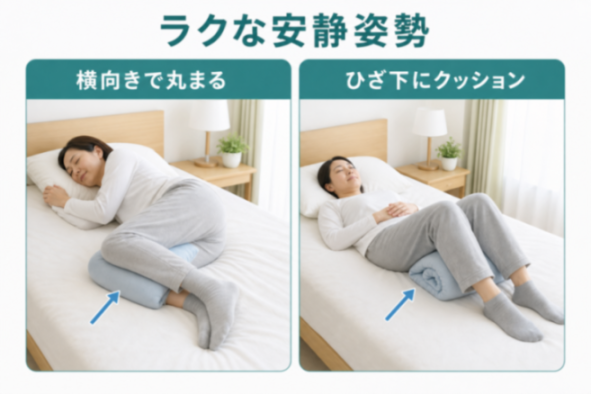 楽な安静姿勢の図解（横向き・仰向けのクッション活用）