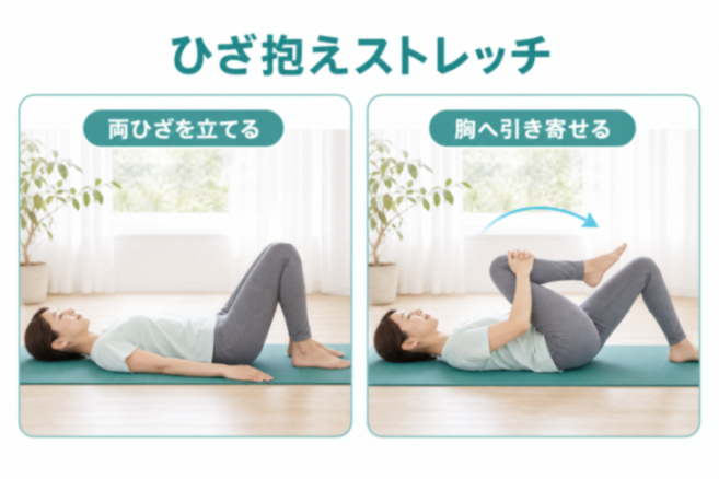 ひざ抱えストレッチの2コマ図解