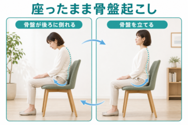 座ったままの骨盤起こしの2コマ図解