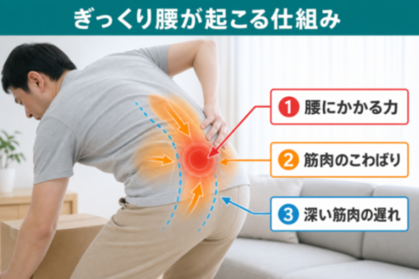 ぎっくり腰が起こる仕組みの解説図