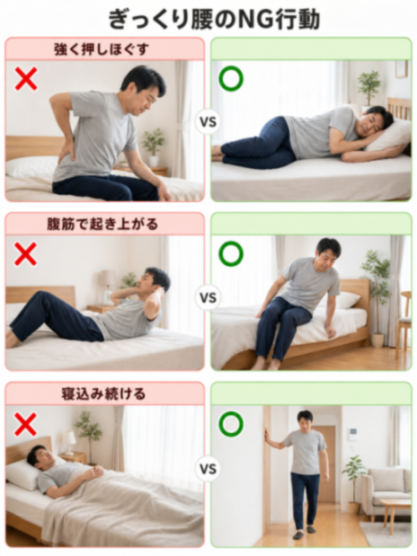 ぎっくり腰のNG行動とOK対処の比較図