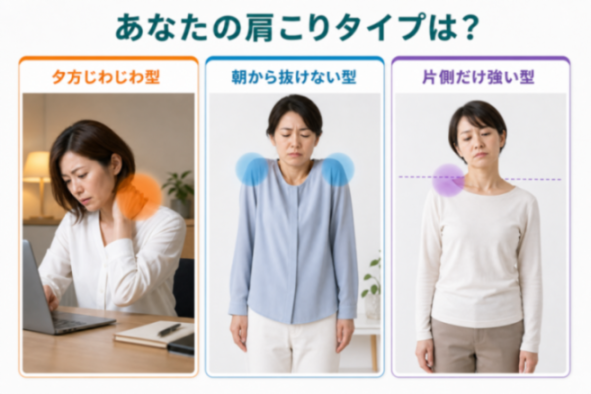 肩こりのタイプ別比較図（夕方じわじわ・朝から抜けない・片側だけ強い）