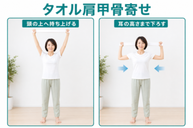 タオル肩甲骨寄せの図解