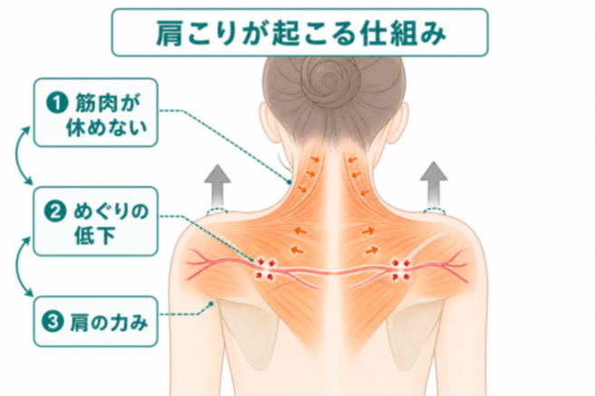 肩こりのメカニズム図解（僧帽筋・肩甲挙筋）
