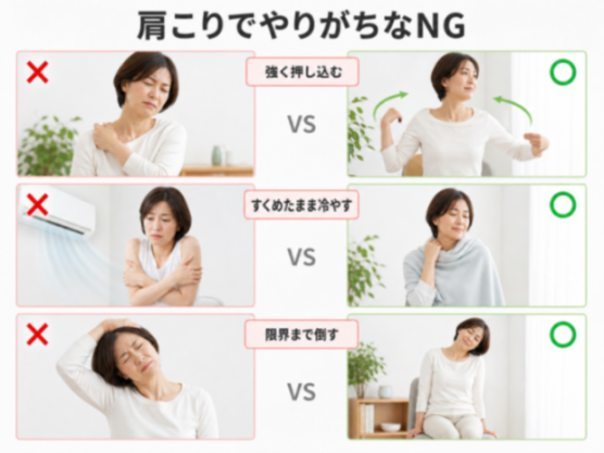 肩こりケアのNG行動とOK対処の比較図