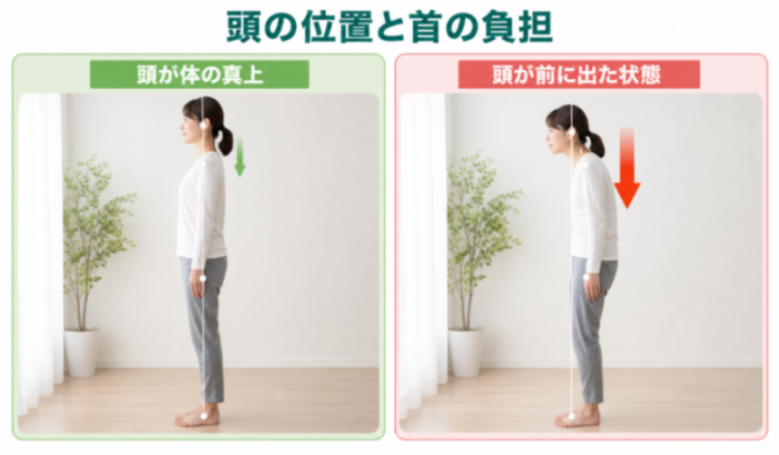 頭の位置と首の負担の関係図