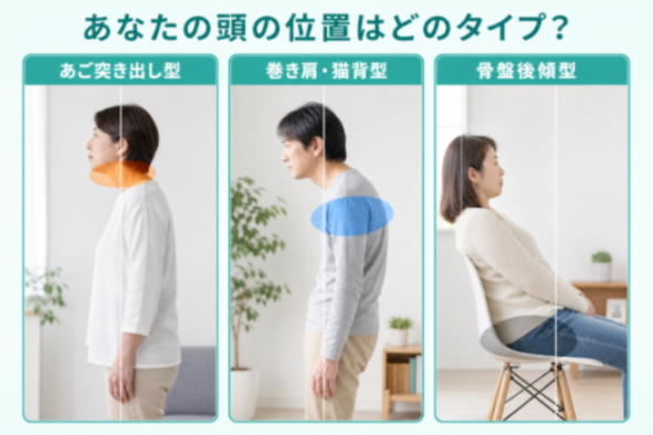 ストレートネックのタイプ別比較図（あご突き出し・巻き肩猫背・骨盤後傾）