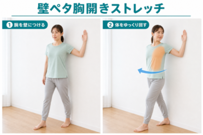 壁ペタ胸開きストレッチの図解