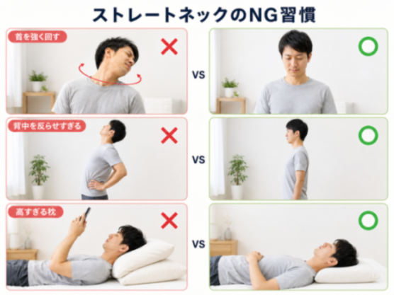 ストレートネックケアのNG習慣とOK対処の比較図