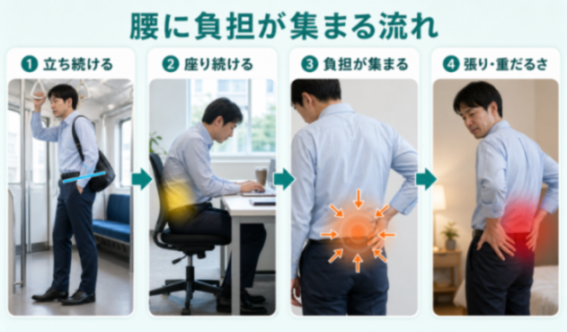 腰に負担が集まる流れの図解