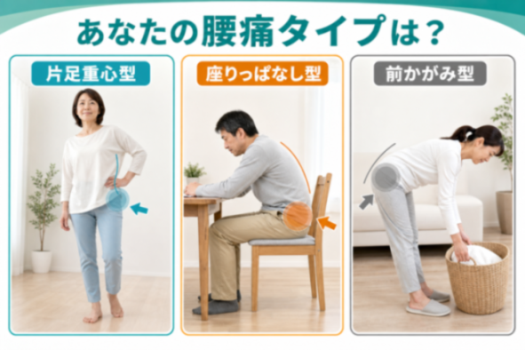 腰痛のタイプ別比較図（立ちっぱなし・座りっぱなし・前かがみ）