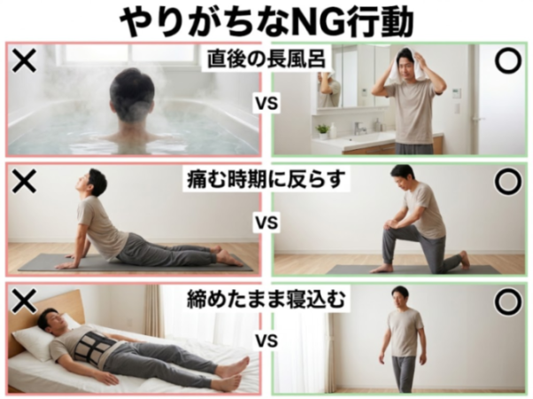 ぎっくり腰対処のNGとOKの比較図