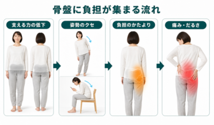 骨盤に負担が集まる流れの解説図