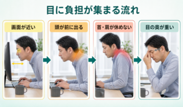 目に負担が集まる流れの解説図