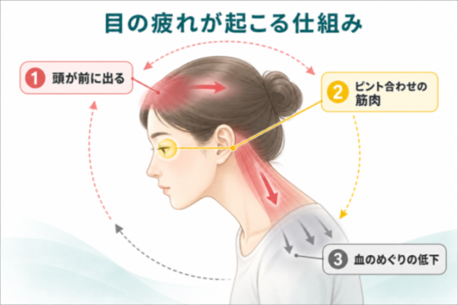 眼精疲労のメカニズムの図解
