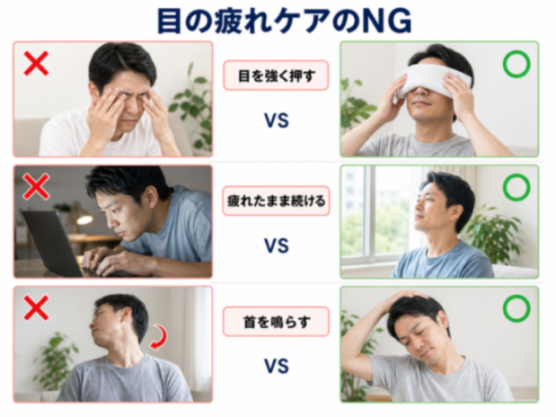 目の疲れケアのNGとOKの比較図