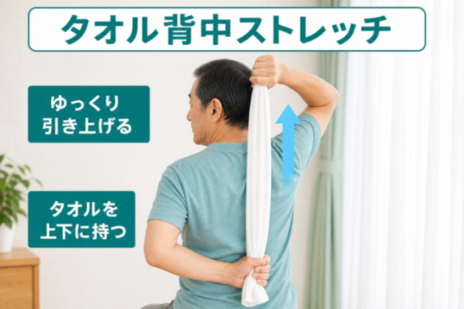 タオル背中ストレッチのやり方の図解