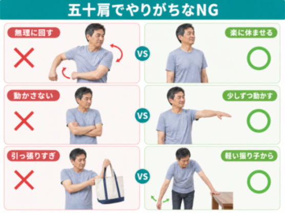 五十肩ケアのNGとOKの比較図