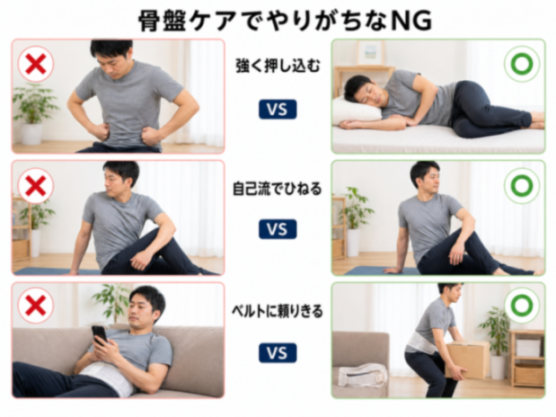 骨盤ケアのNGとOKの比較図