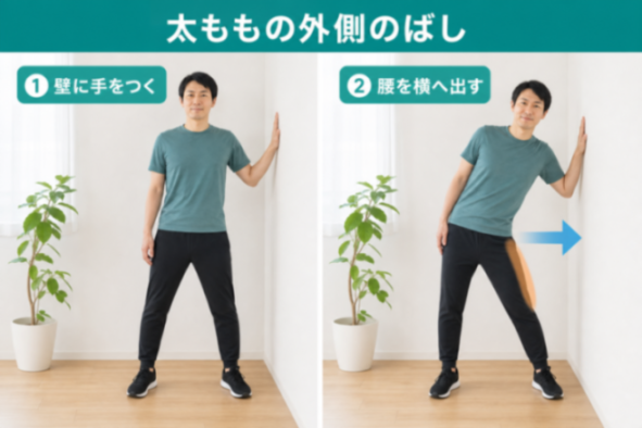 壁ぎわ太ももの外側のばしのやり方の図解