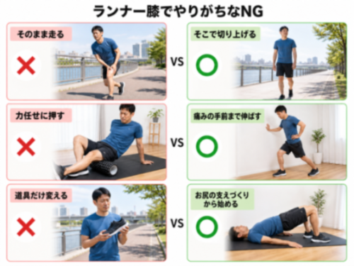 ランナー膝ケアのNGとOKの比較図