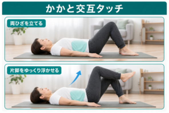 仰向けでかかと交互タッチの図解