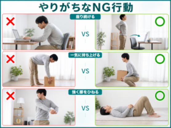 腰のケアで避けたい行動と代わりの対処の比較図