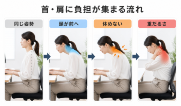 首・肩に負担が集まる流れの解説図