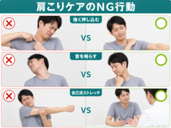 肩こりケアで避けたい行動と代わりの対処の比較図