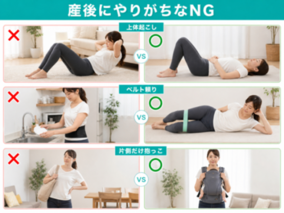 産後の骨盤ケアで避けたい行動と代わりの対処の比較図
