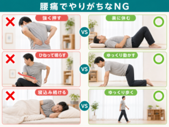 腰痛ケアで避けたい行動と代わりの対処の比較図