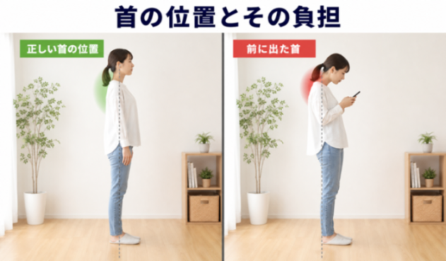 正しい首の位置とストレートネックの首の位置を並べた比較図