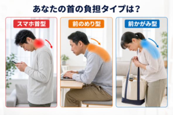 スマホ首型・デスクワーク前のめり型・前かがみ立ち仕事型の3タイプ比較図