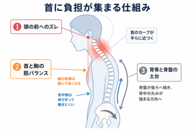 頭が前に出ると首の後ろの負担が増える仕組みの図解