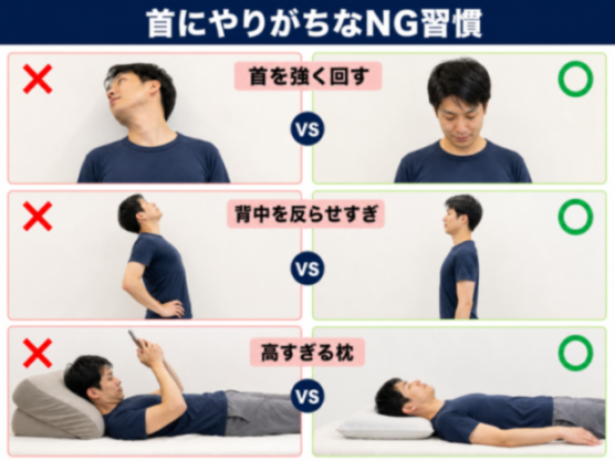 ストレートネックのNG行動とOK対処の比較図