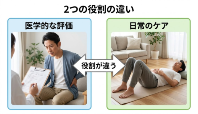 整形外科でわかることと整骨院・整体で行うことの役割比較図